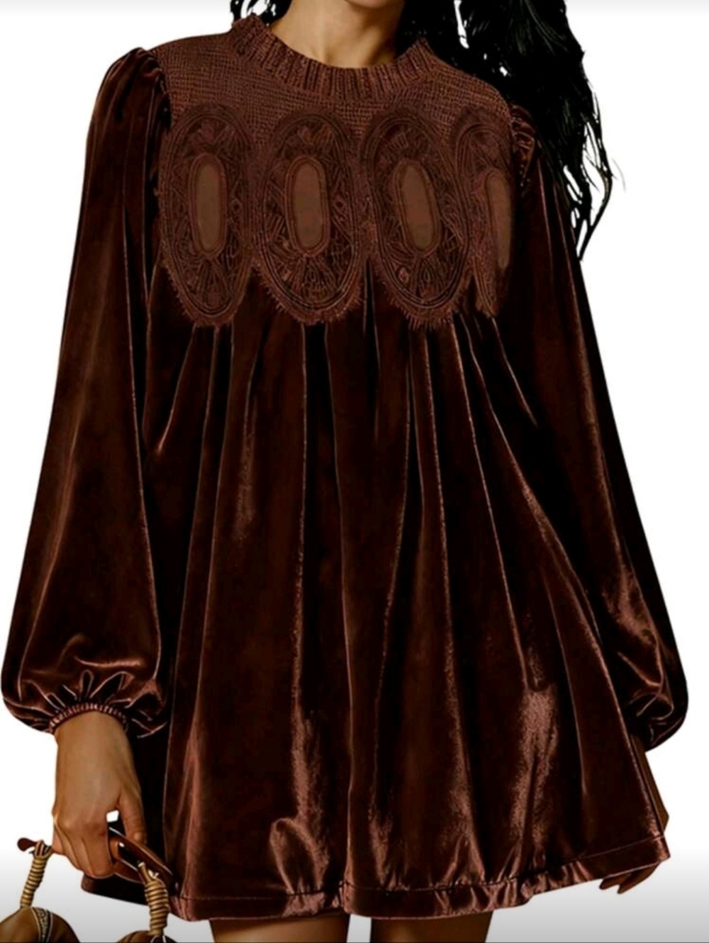 Brown Velvet & Lace Tunic Dress XS